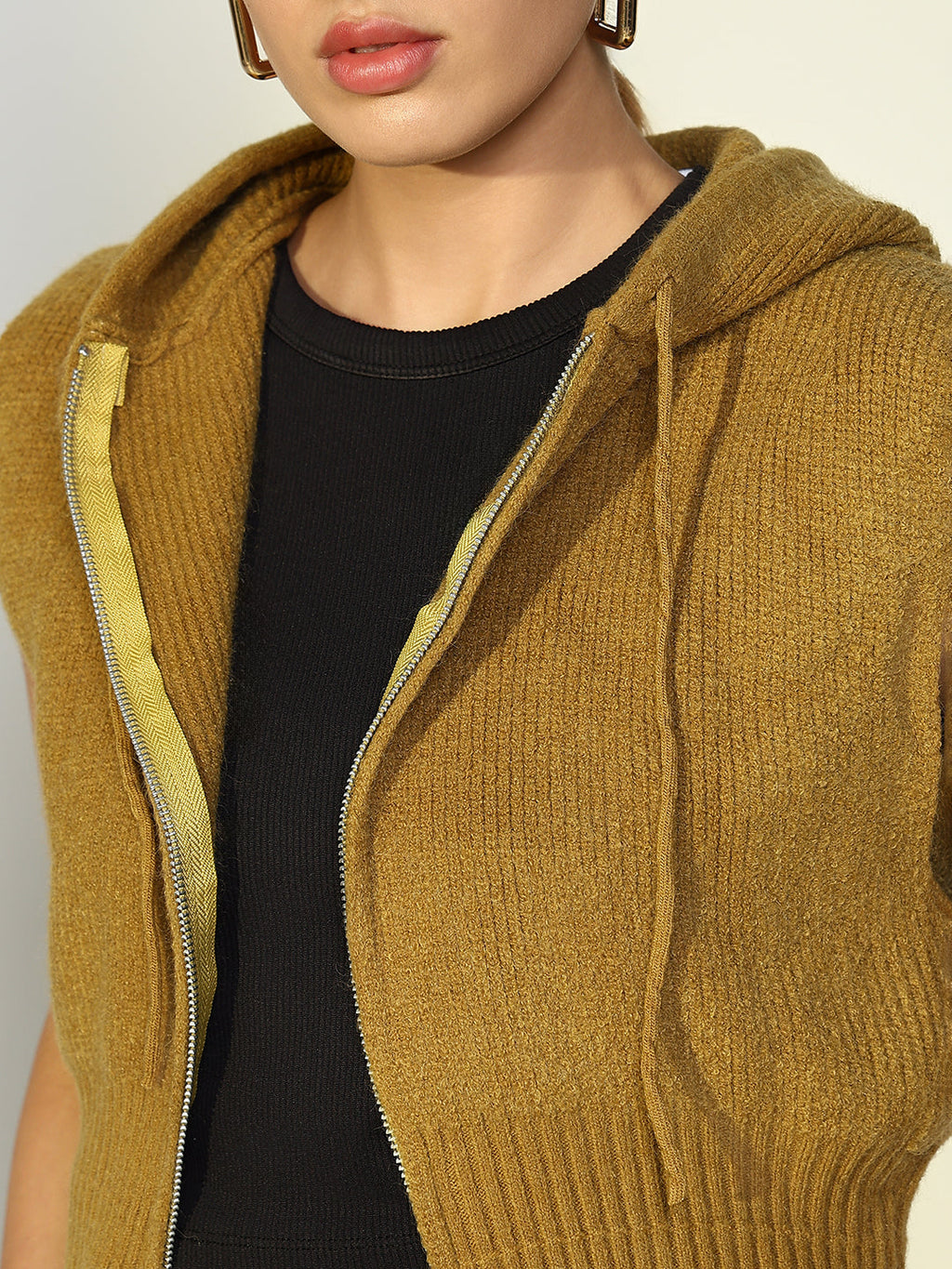 Women's Ribbed Green Hooded Short Top with Zip