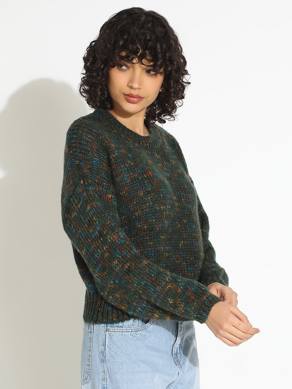 Women's Green Knitted Round Neck Pullover Top