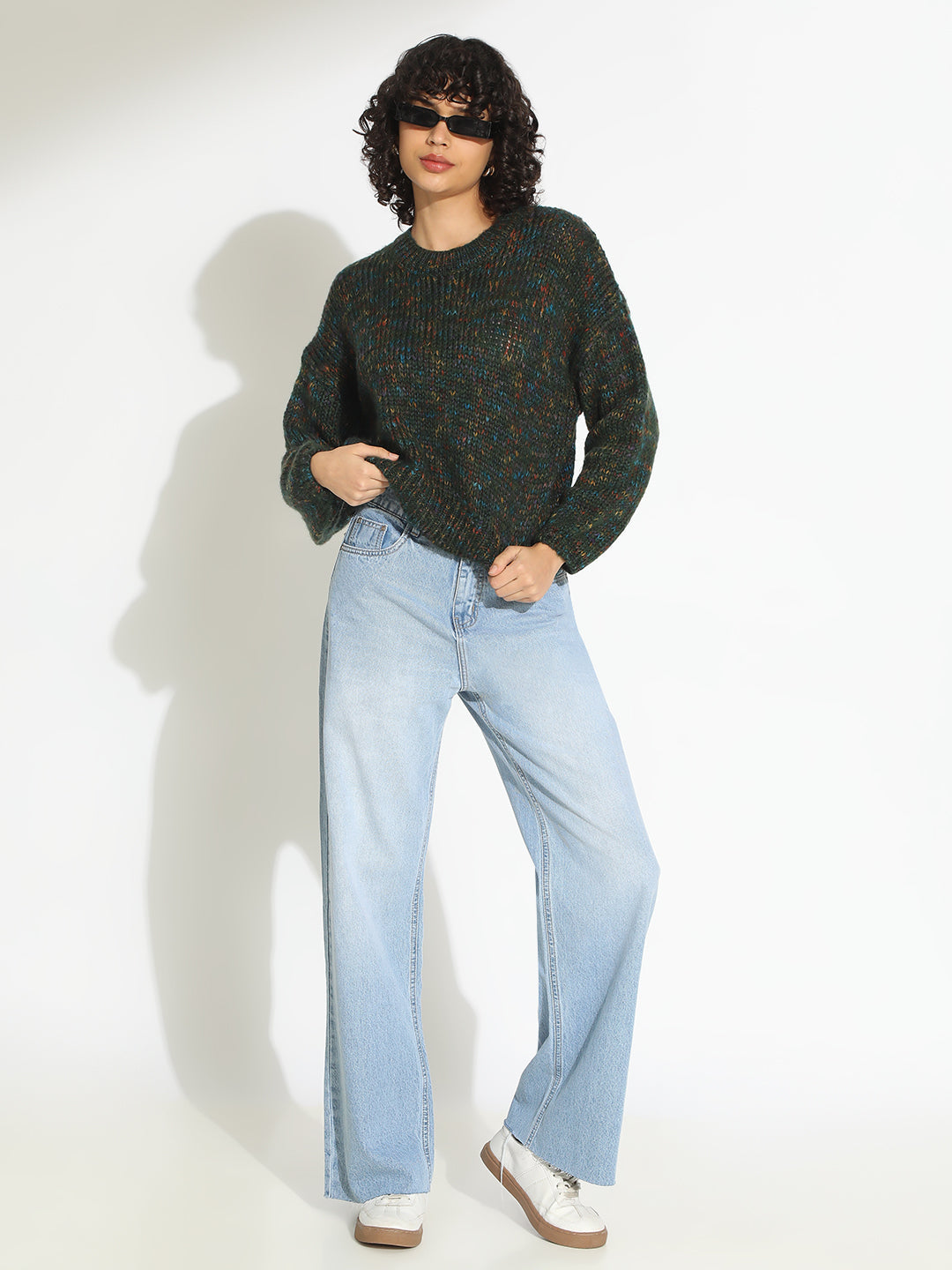 Women's Green Knitted Round Neck Pullover Top