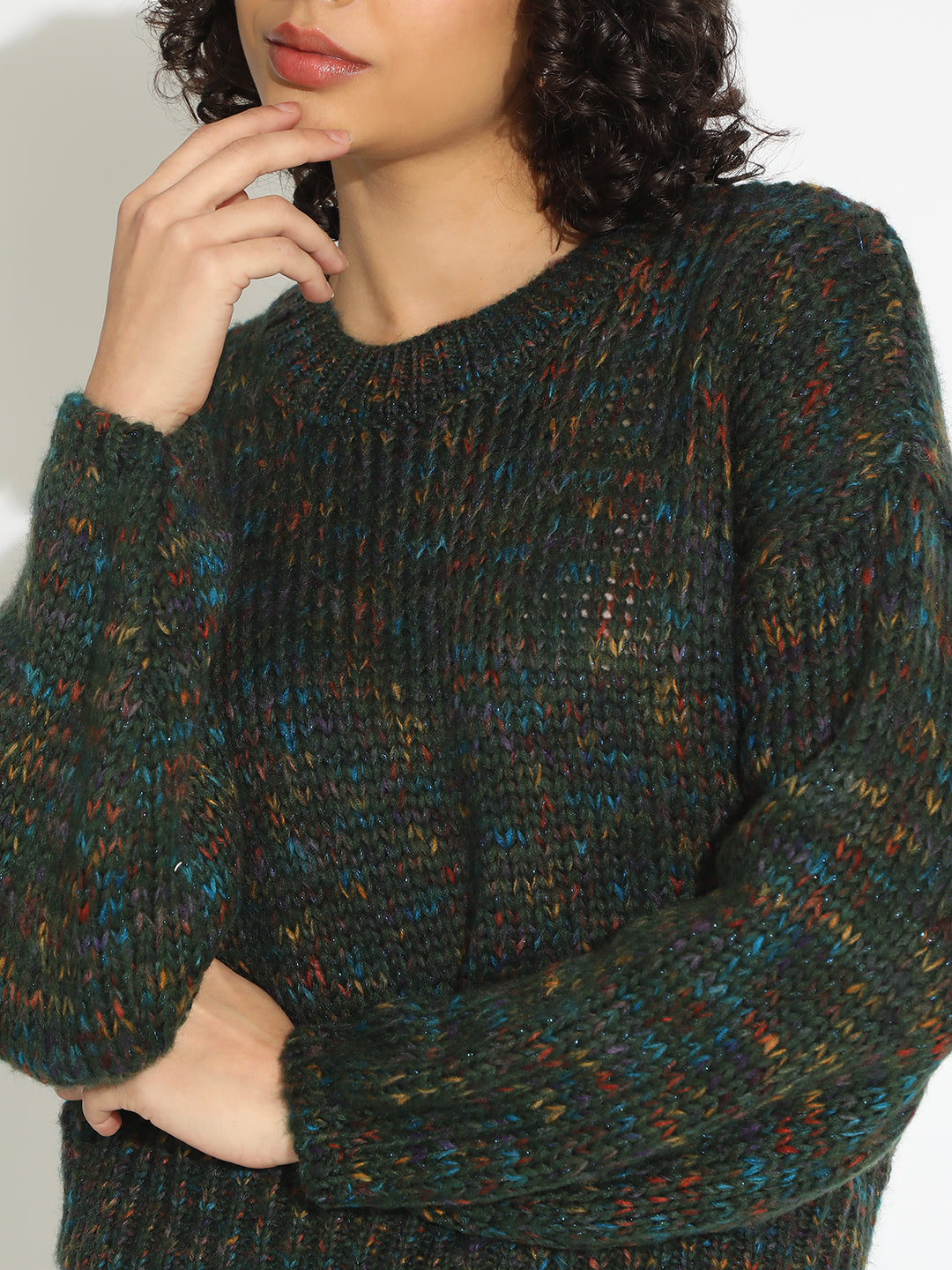 Women's Green Knitted Round Neck Pullover Top