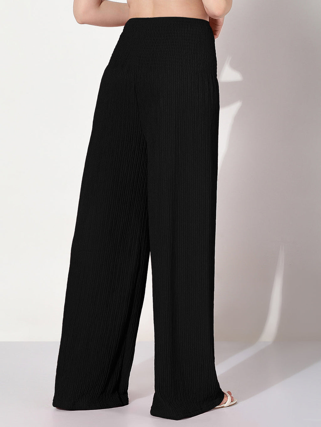 Women's Smocked Black Wide Leg Trouser
