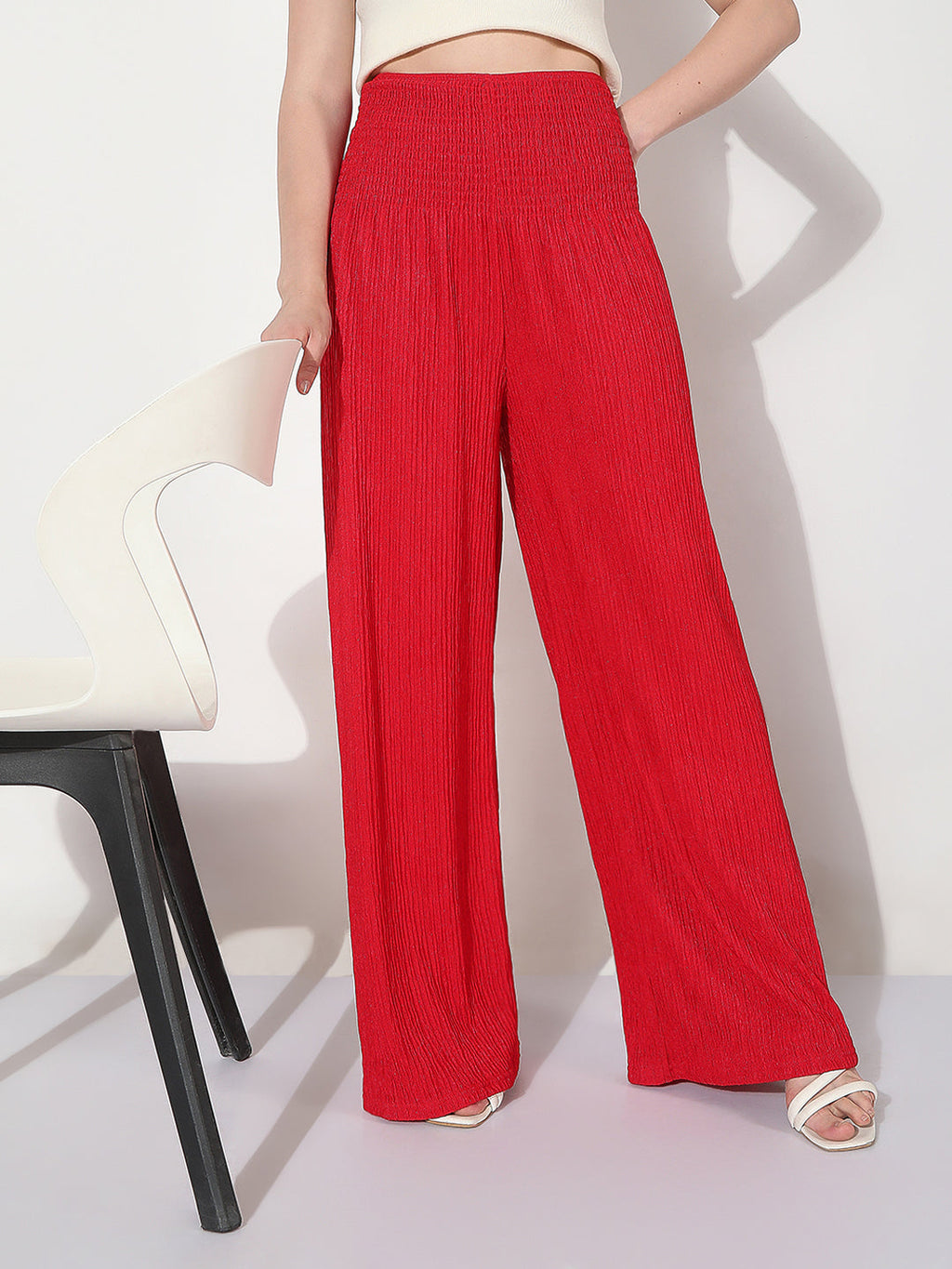 Women's Smocked Red Wide Leg Trouser