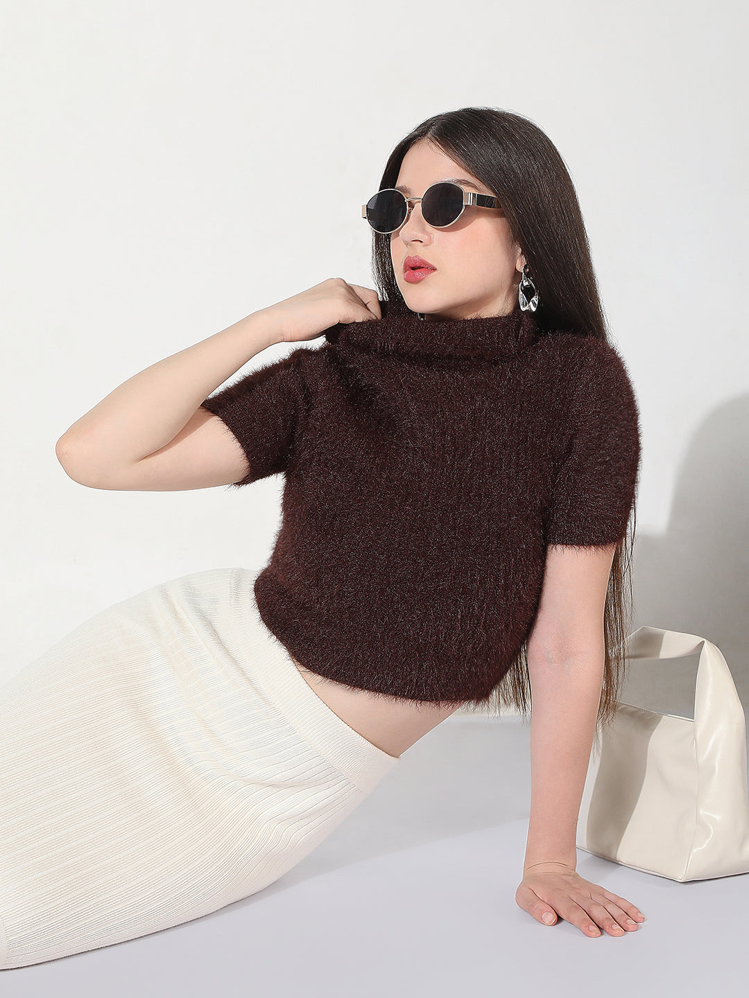 Women's Knitted Coffee Brown Fuzzy Top