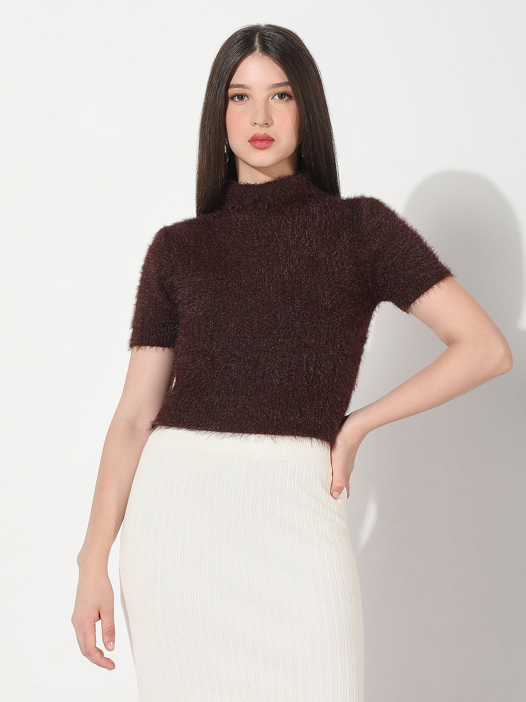 Women's Knitted Coffee Brown Fuzzy Top