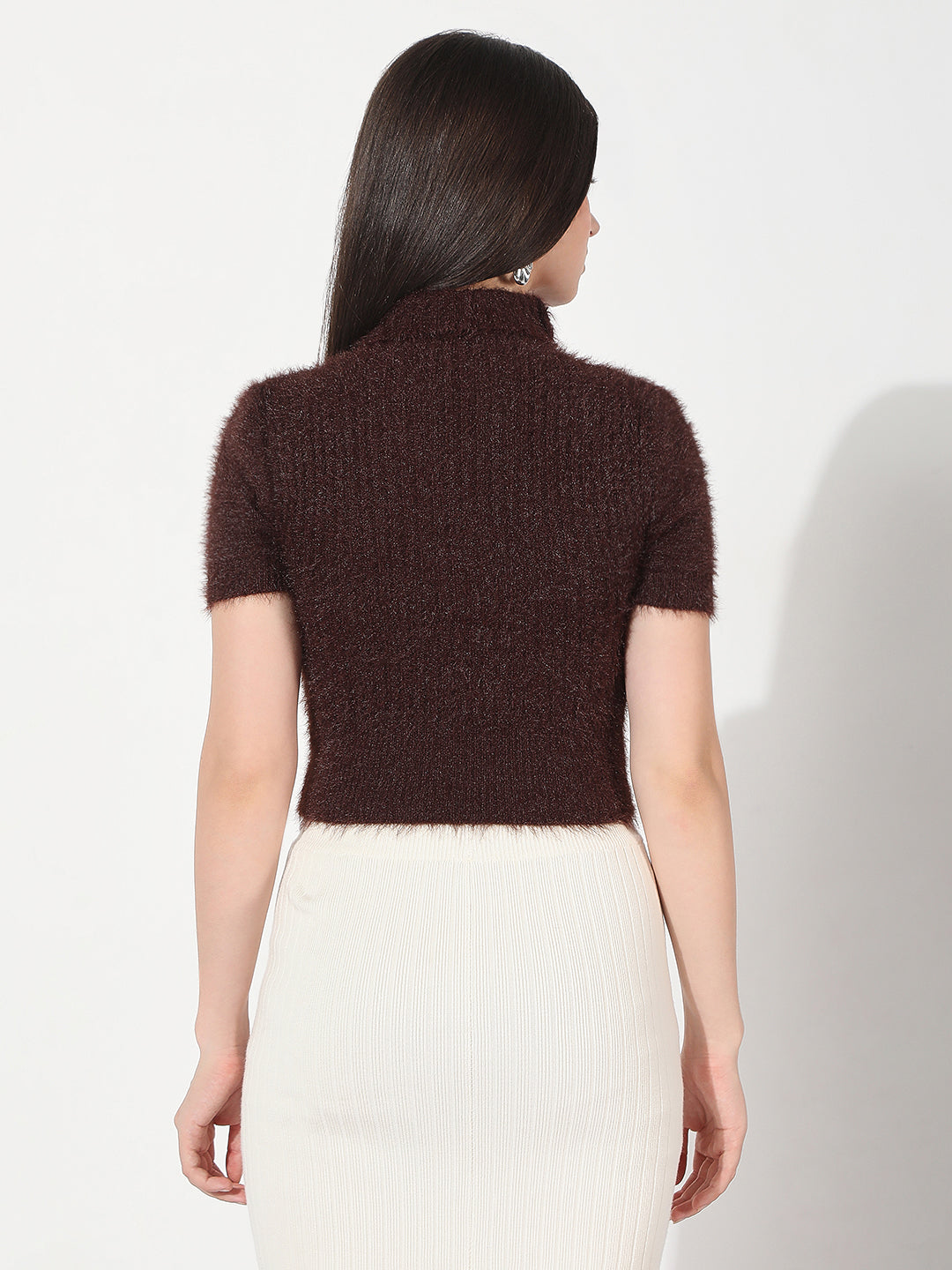 Women's Knitted Coffee Brown Fuzzy Top