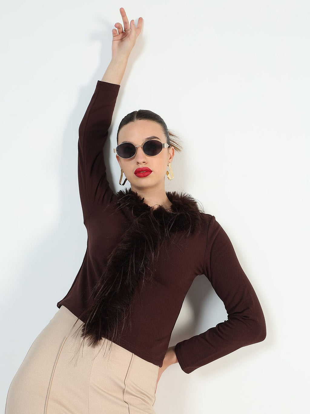 Women's Brown Faux fur Full Sleeve Top