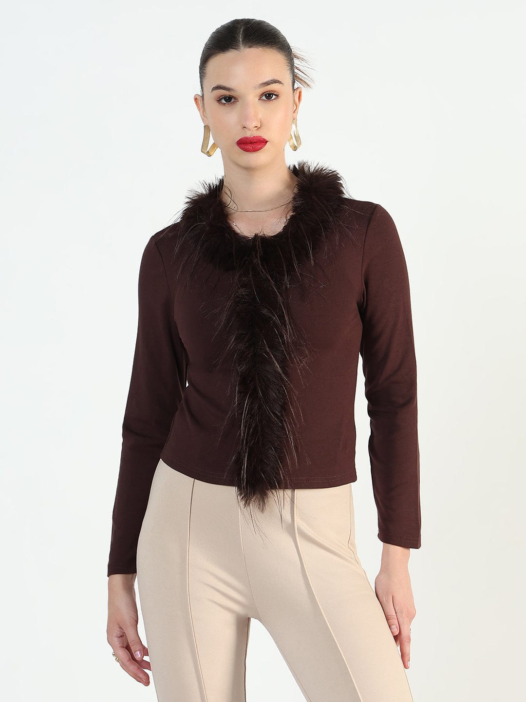 Women's Brown Faux fur Full Sleeve Top