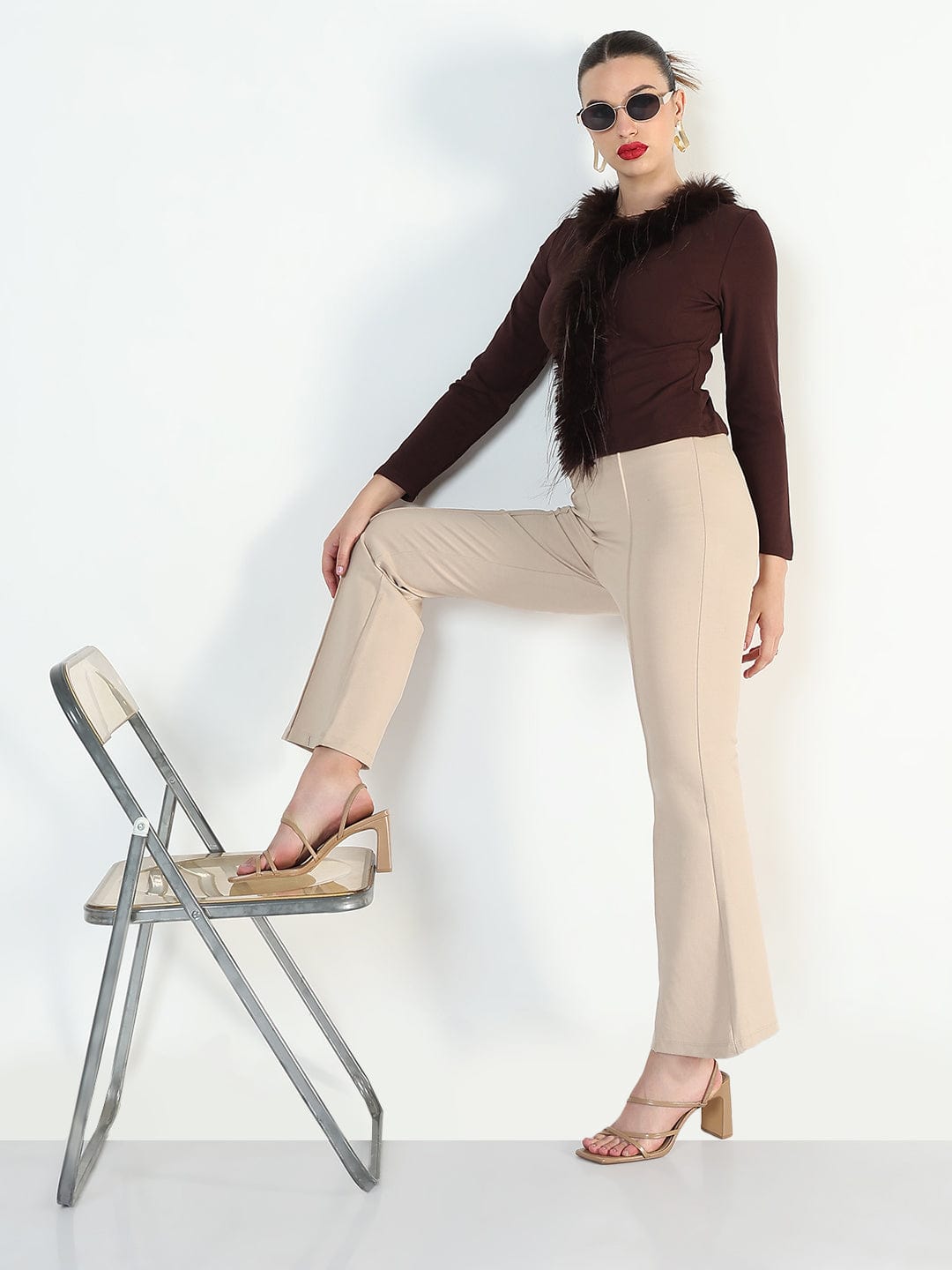 Women's Brown Faux fur Full Sleeve Top