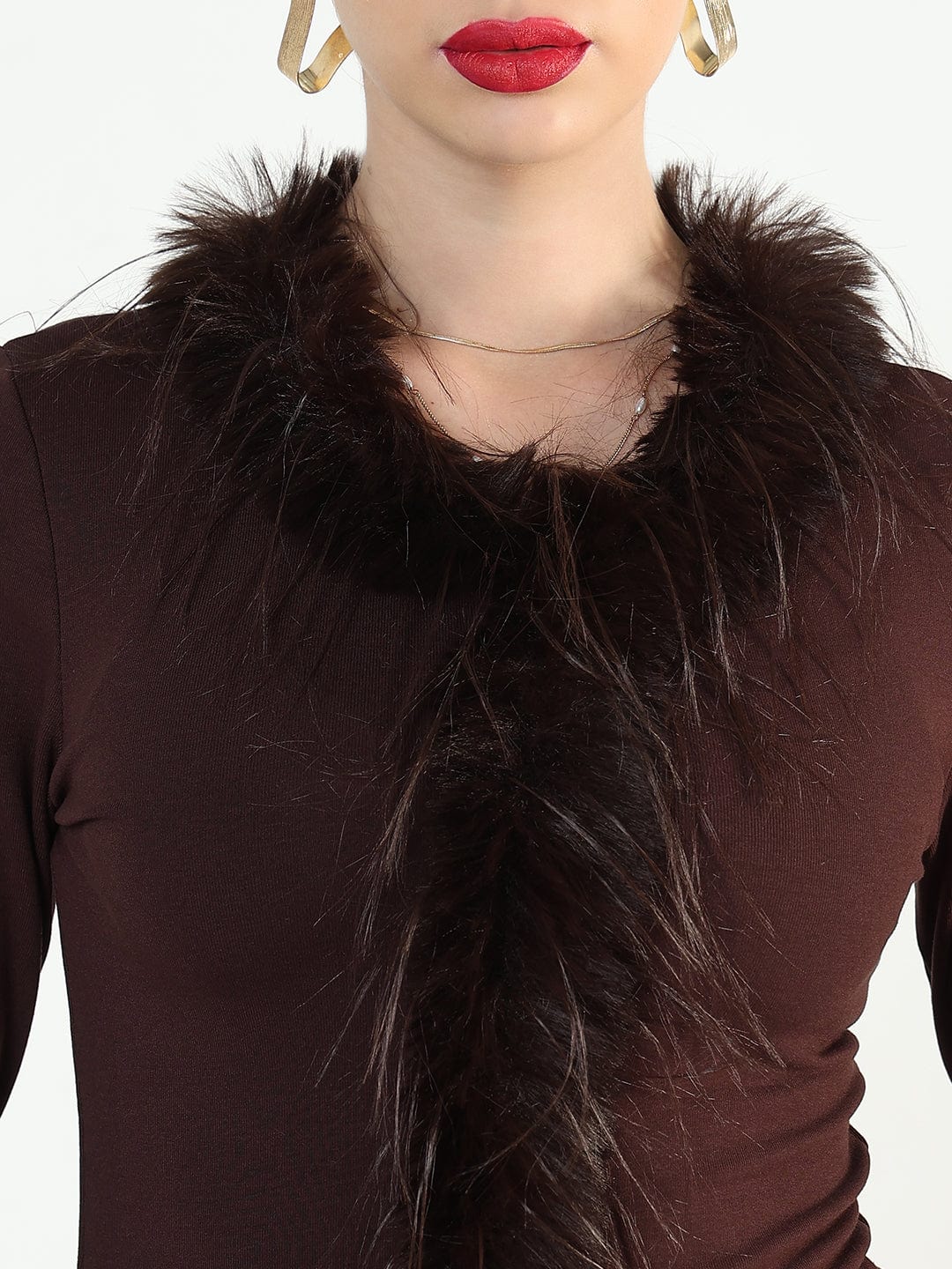 Women's Brown Faux fur Full Sleeve Top