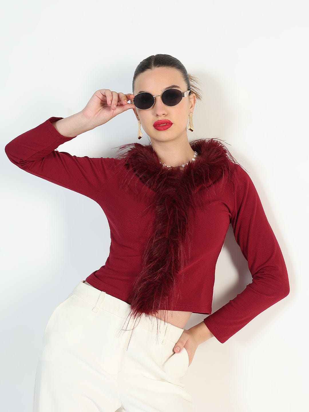 Women's Maroon Faux fur Full Sleeve Top
