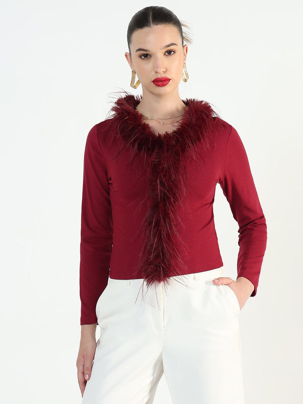 Women's Maroon Faux fur Full Sleeve Top