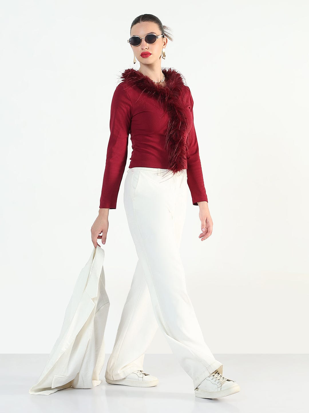 Women's Maroon Faux fur Full Sleeve Top