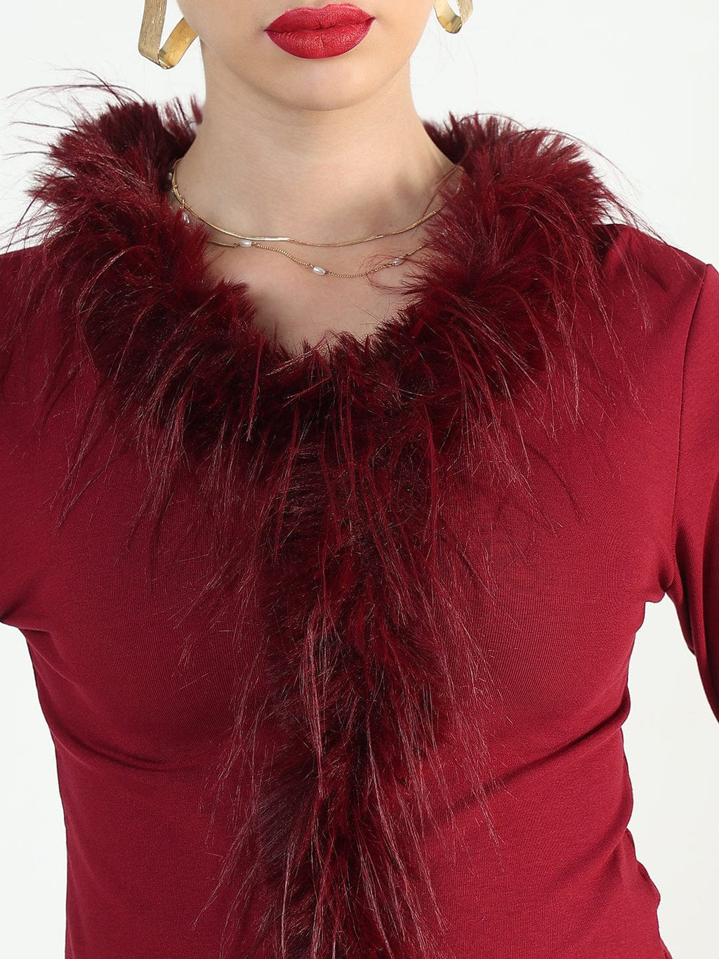 Women's Maroon Faux fur Full Sleeve Top