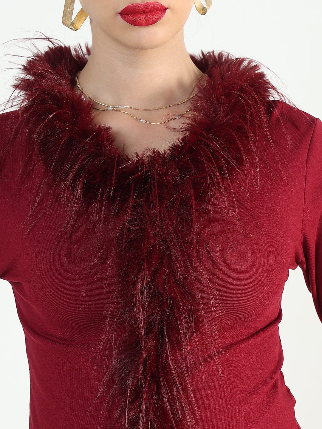 Women's Maroon Faux fur Full Sleeve Top