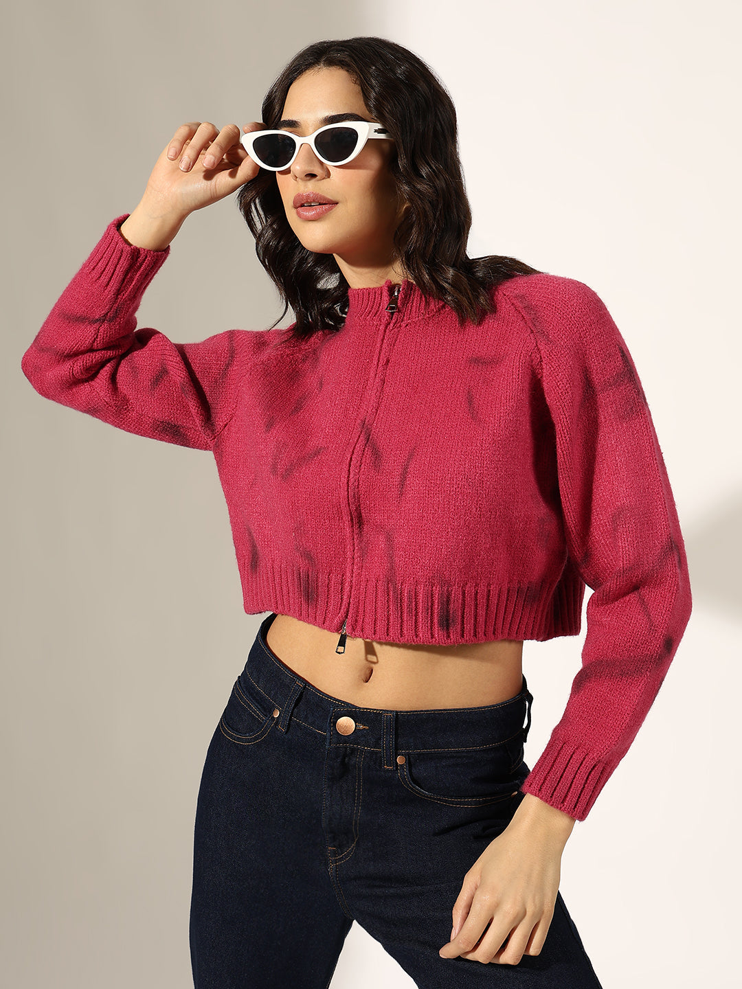 Women's Knitted Pink Zip-Up Crop Top