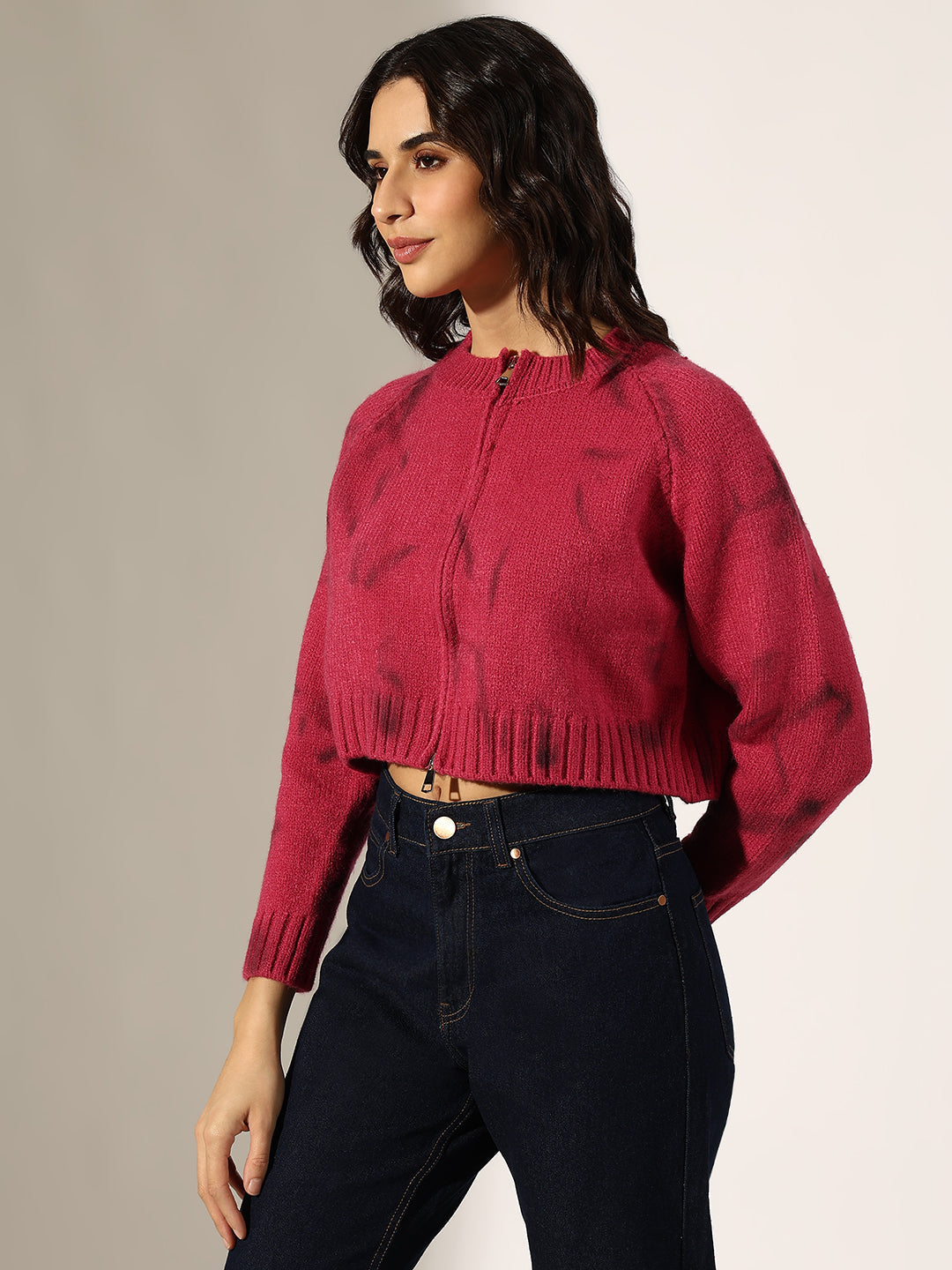 Women's Knitted Pink Zip-Up Crop Top