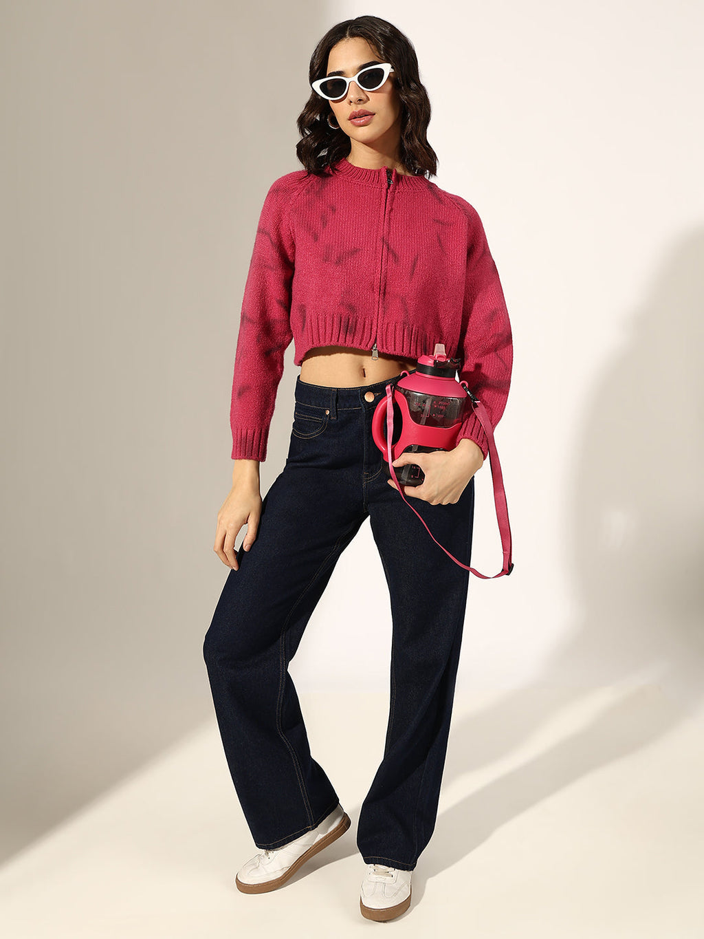 Women's Knitted Pink Zip-Up Crop Top