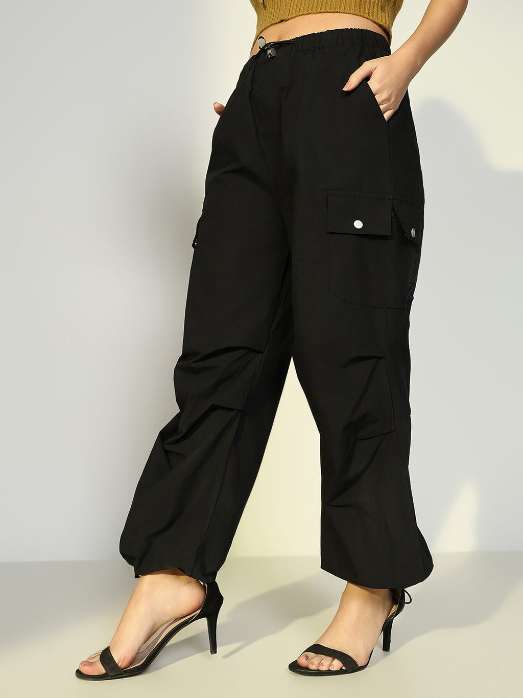Women's Black Parachute Cargos with Side Pockets