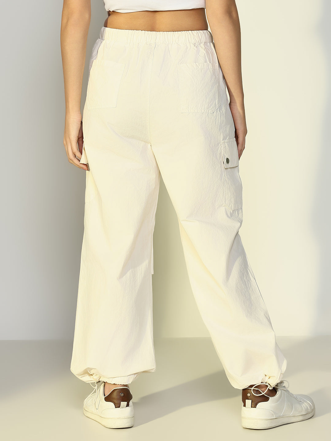 Women's White Parachute Cargos with Side Pockets