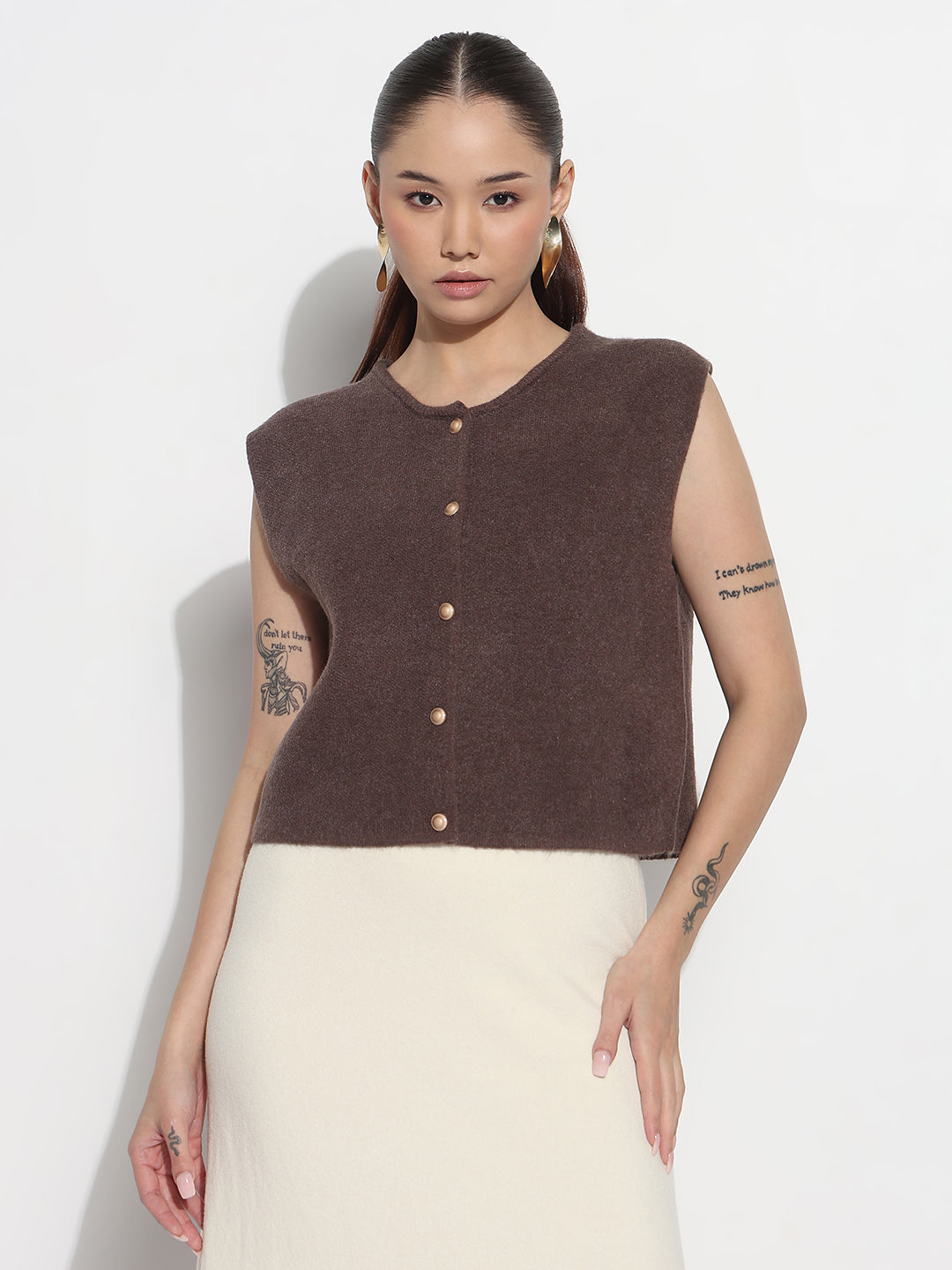 Women's Ribbed Brown Round Neck Sleeveless Knitted Top