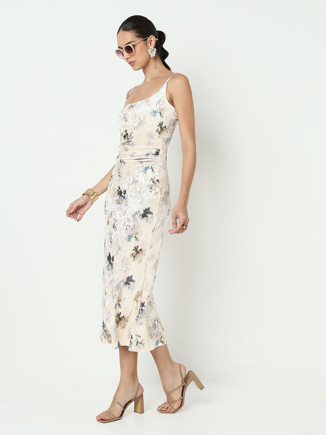 Women's Floral Cream Velvet Bodycon Dress with Back Slit