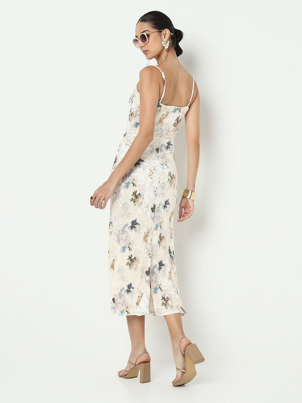 Women's Floral Cream Velvet Bodycon Dress with Back Slit