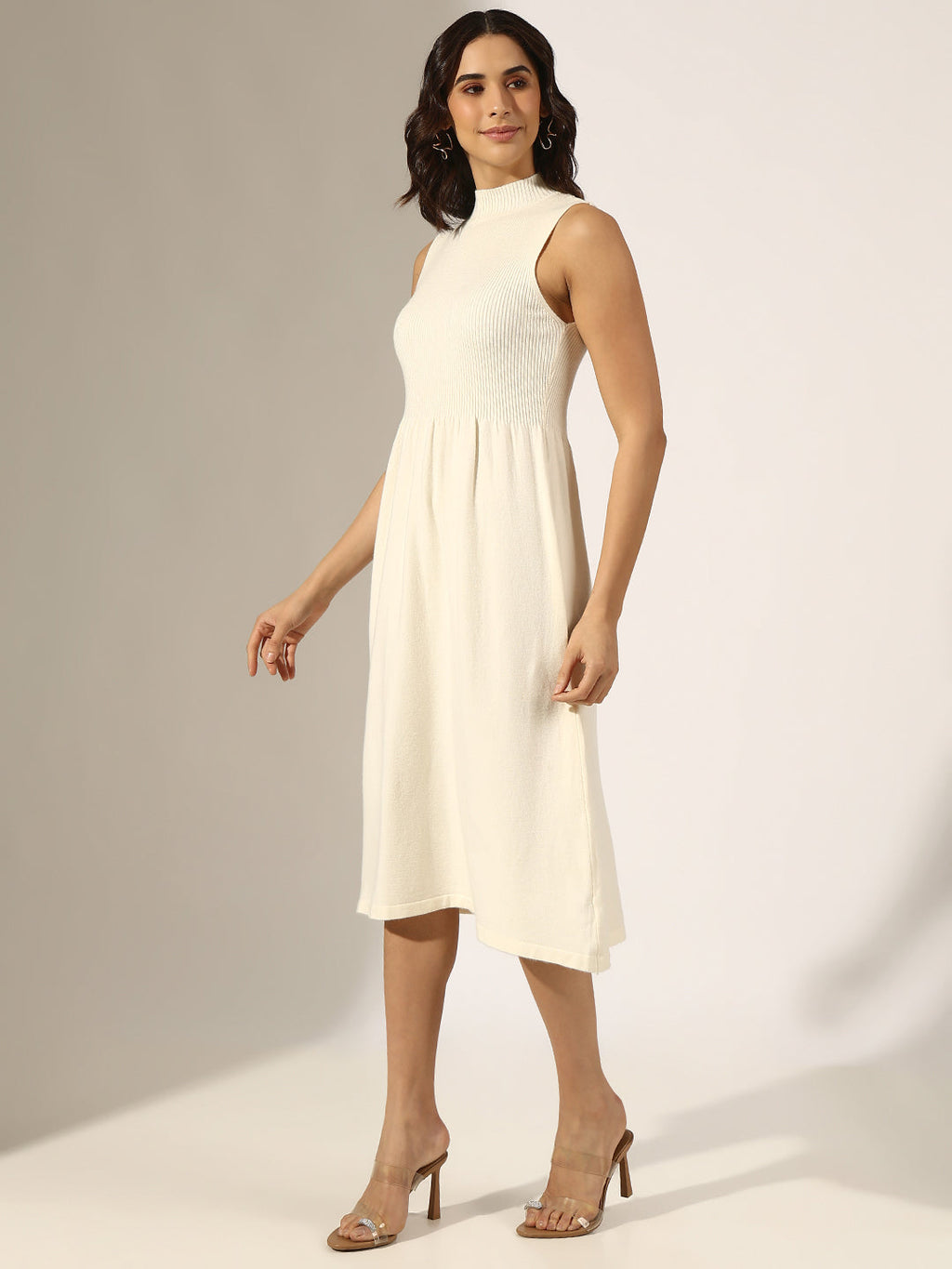 Women's Ribbed  Off White Fit and Flare Midi Sleeveless Dress