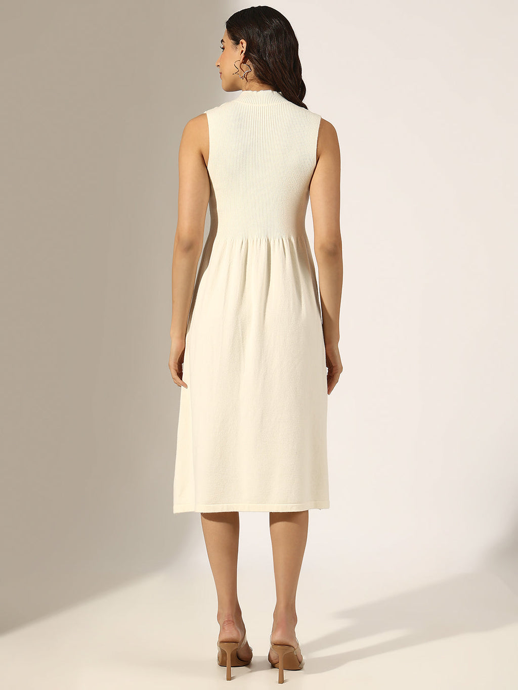 Women's Ribbed  Off White Fit and Flare Midi Sleeveless Dress
