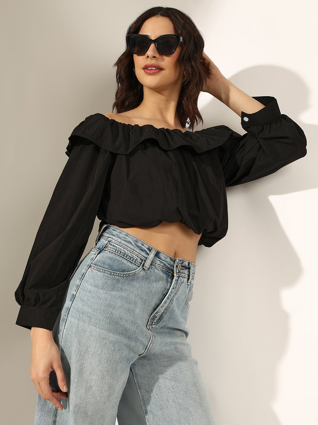 Women's Black Off-Shoulder Ruffled Crop Top