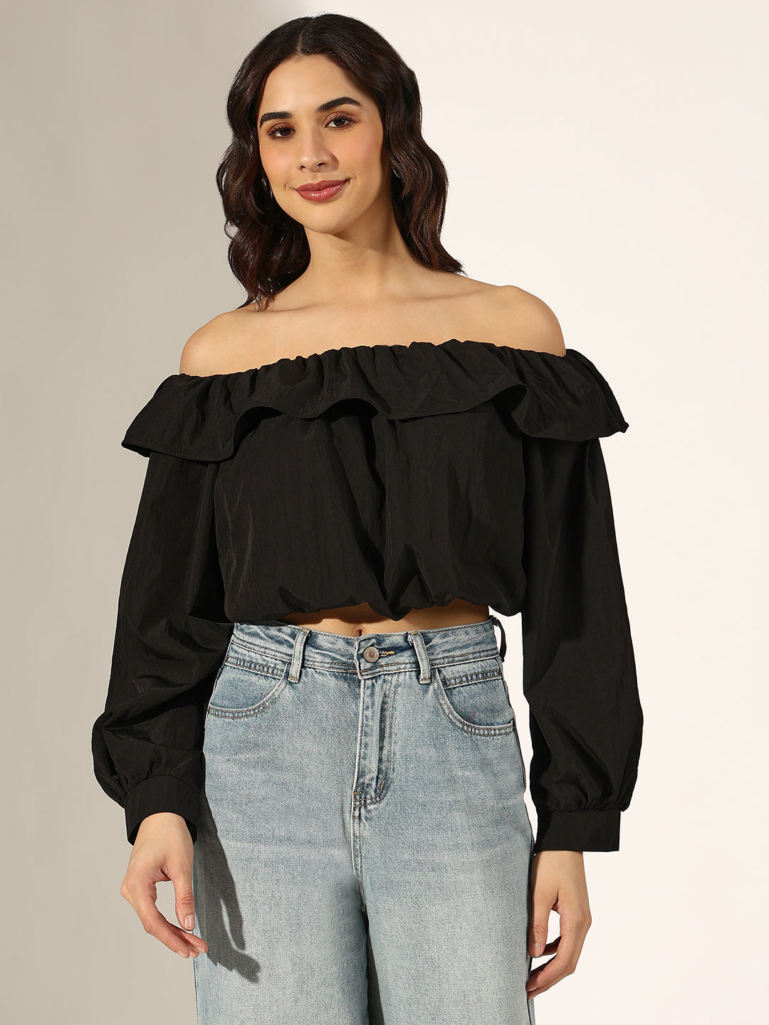 Women's Black Off-Shoulder Ruffled Crop Top