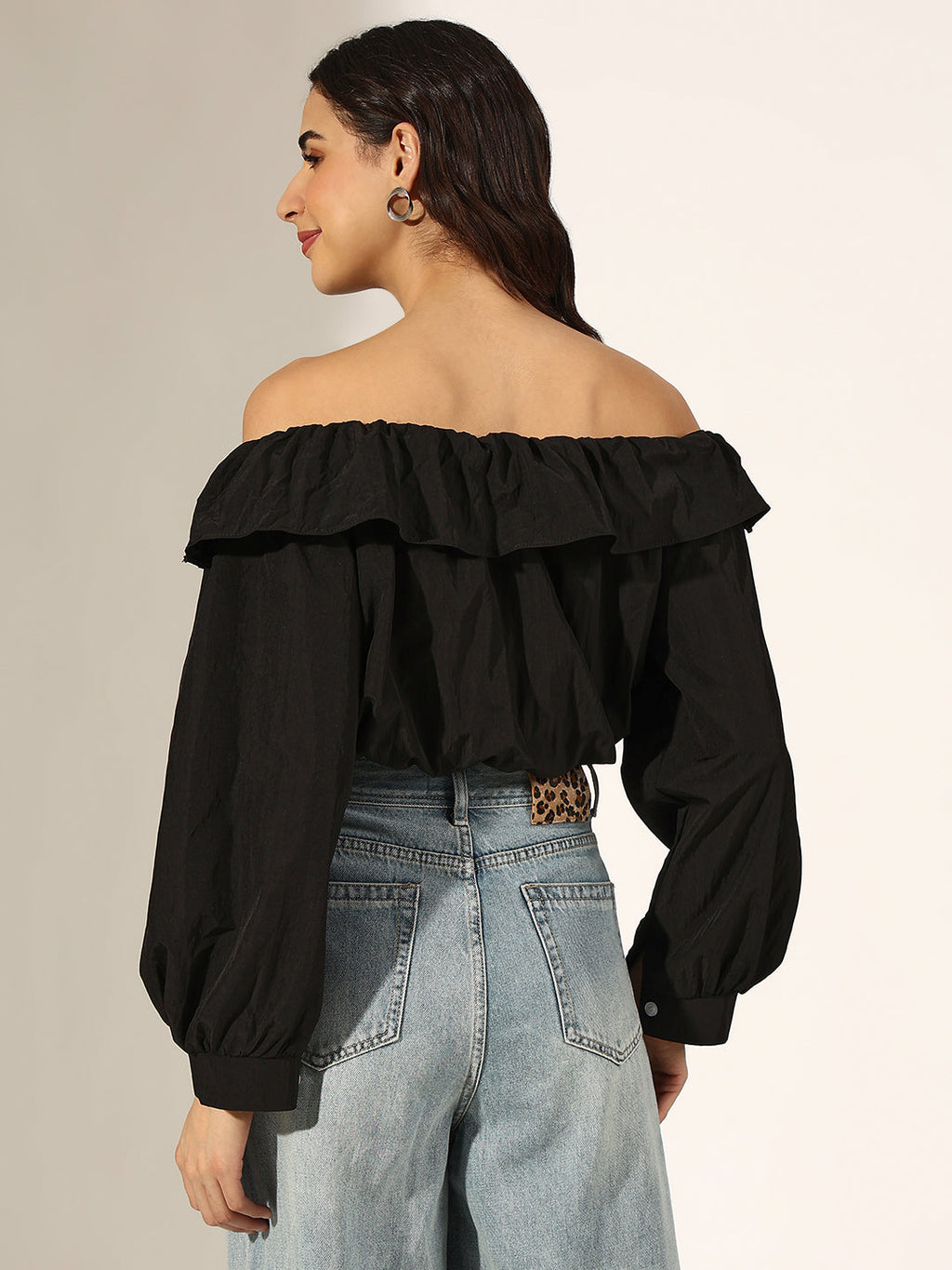 Women's Black Off-Shoulder Ruffled Crop Top