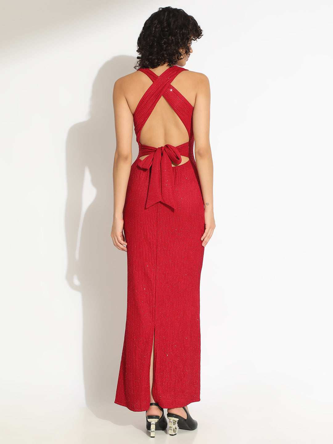 Women's Embellished Red Bodycon Maxi Dress with Criss-Cross Open Back & Tie Detail