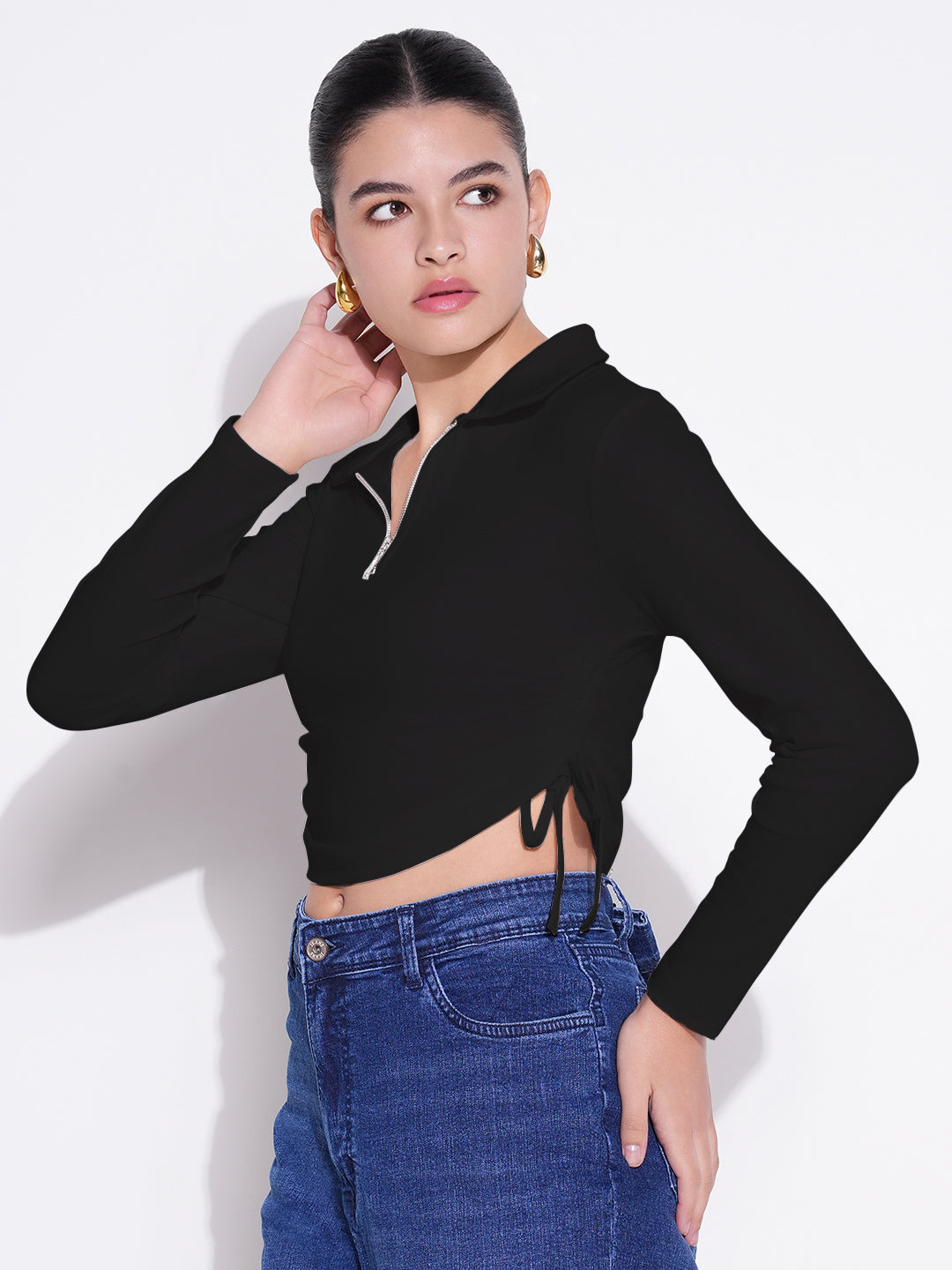 Women's Casual Solid Black Shirt Collar Crop Top
