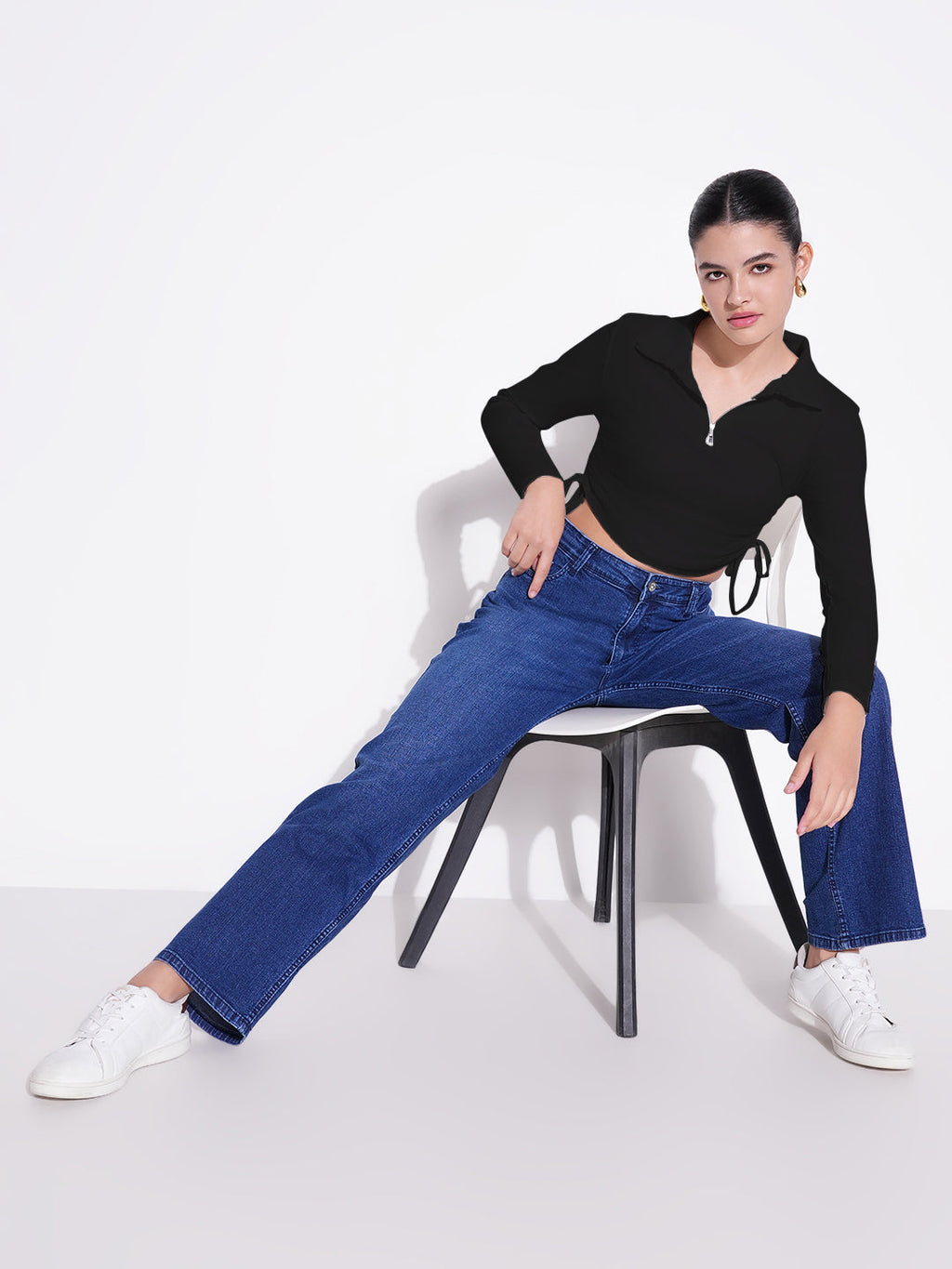 Women's Casual Solid Black Shirt Collar Crop Top