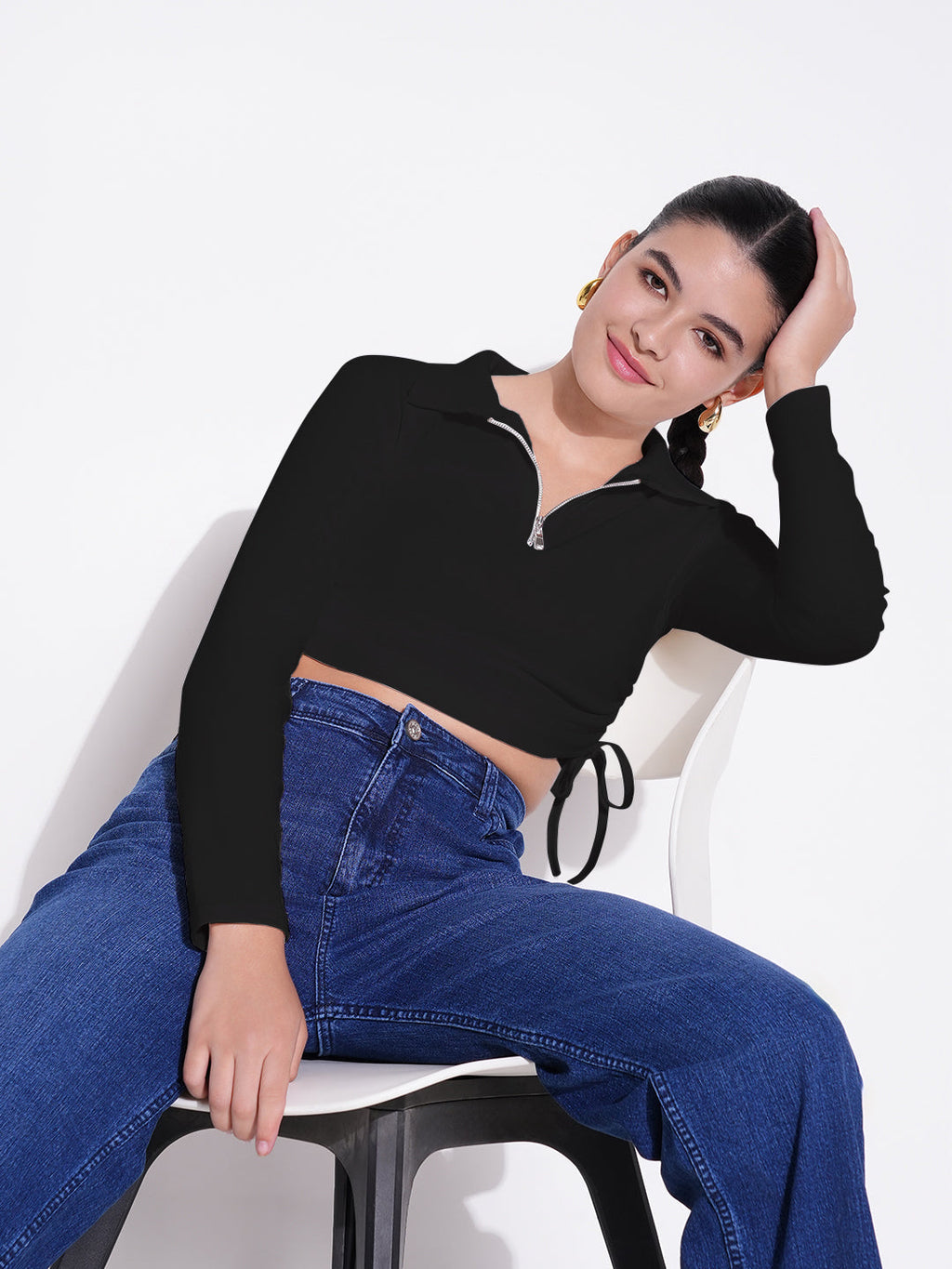 Women's Casual Solid Black Shirt Collar Crop Top