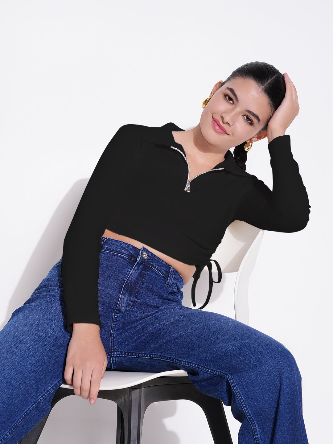 Women's Casual Solid Black Shirt Collar Crop Top