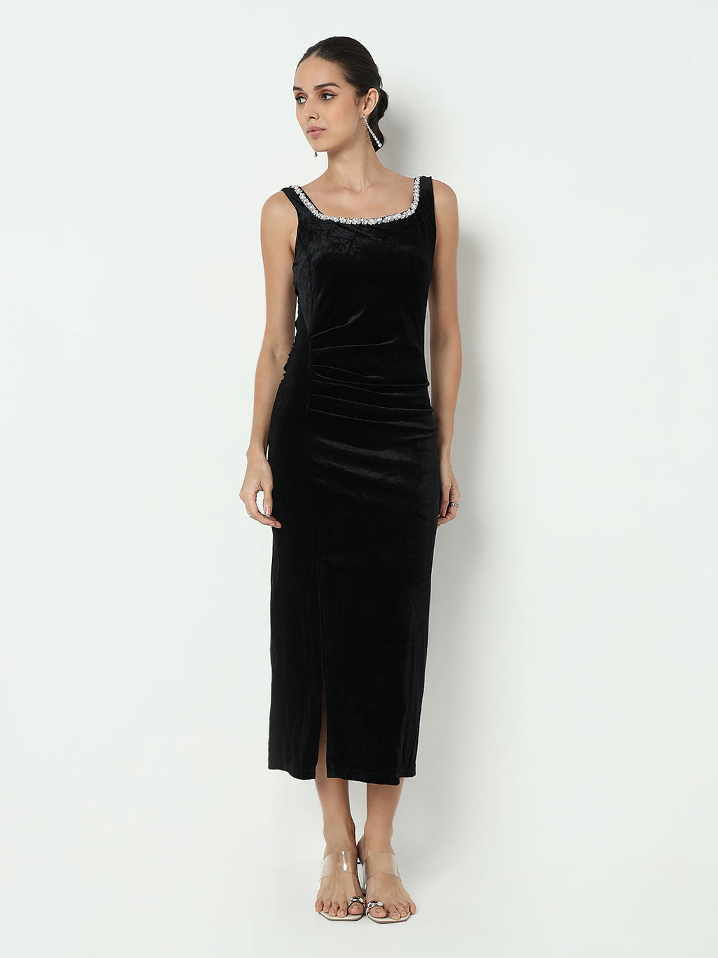 Women's Black Velvet Bodycon Maxi Dress with Embellished Neckline