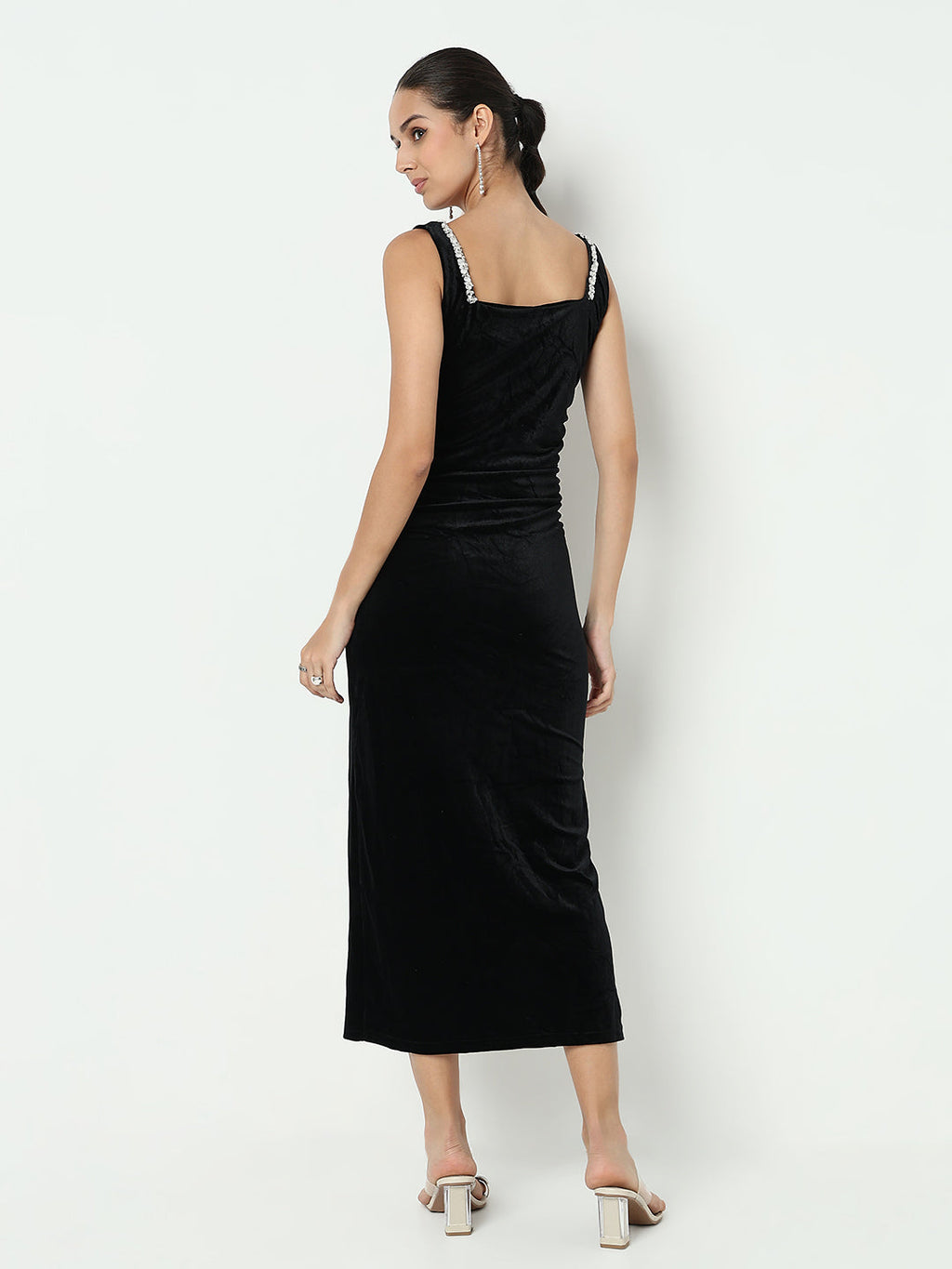 Women's Black Velvet Bodycon Maxi Dress with Embellished Neckline