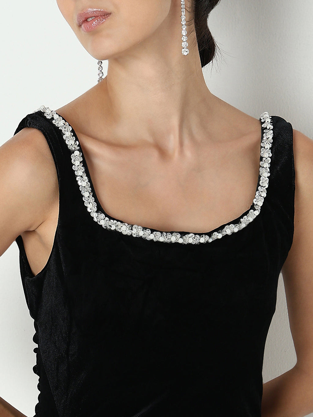 Women's Black Velvet Bodycon Maxi Dress with Embellished Neckline