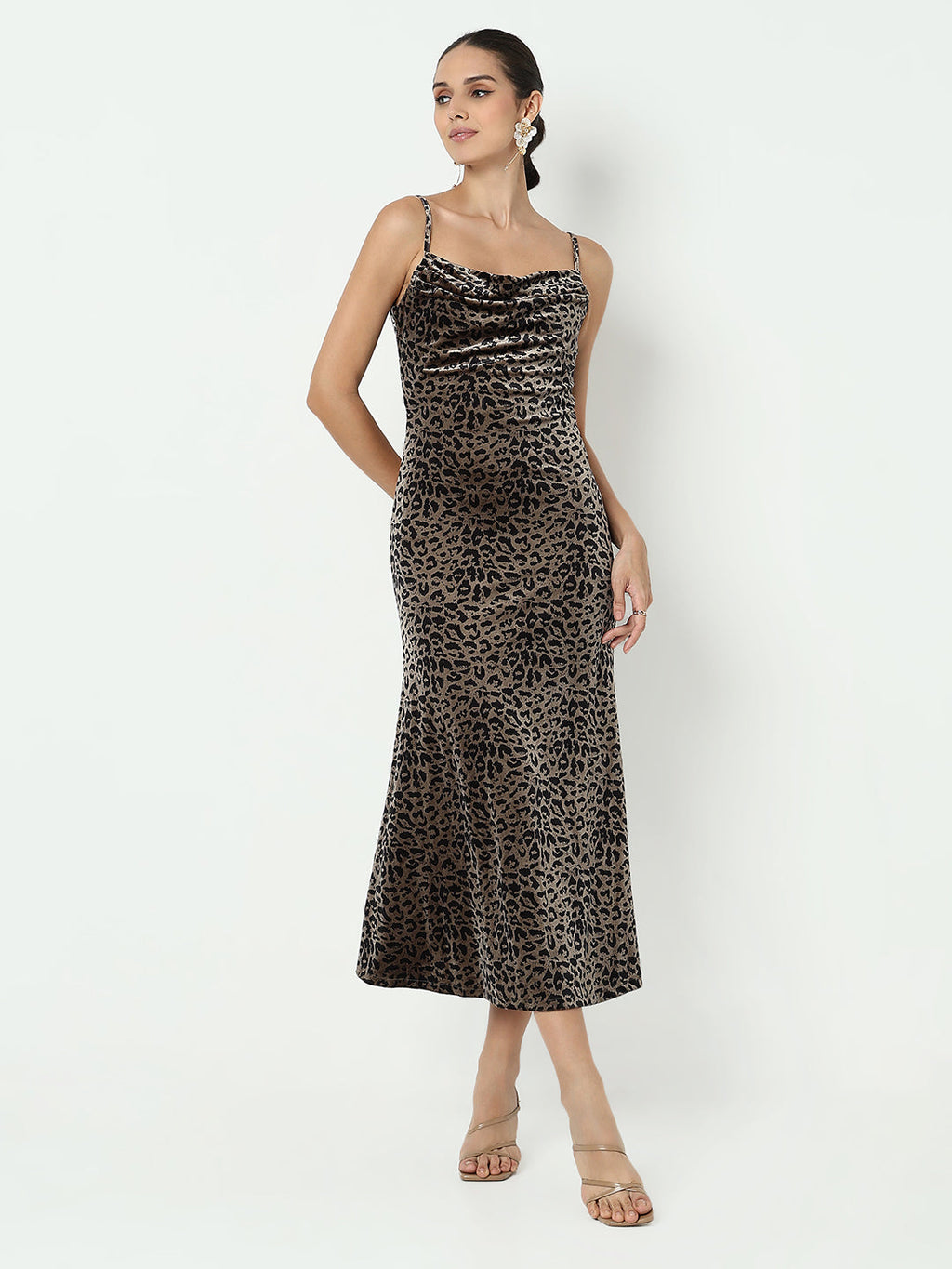 Women's Animal Print Brown Velvet Bodycon Maxi Dress with Back Slit