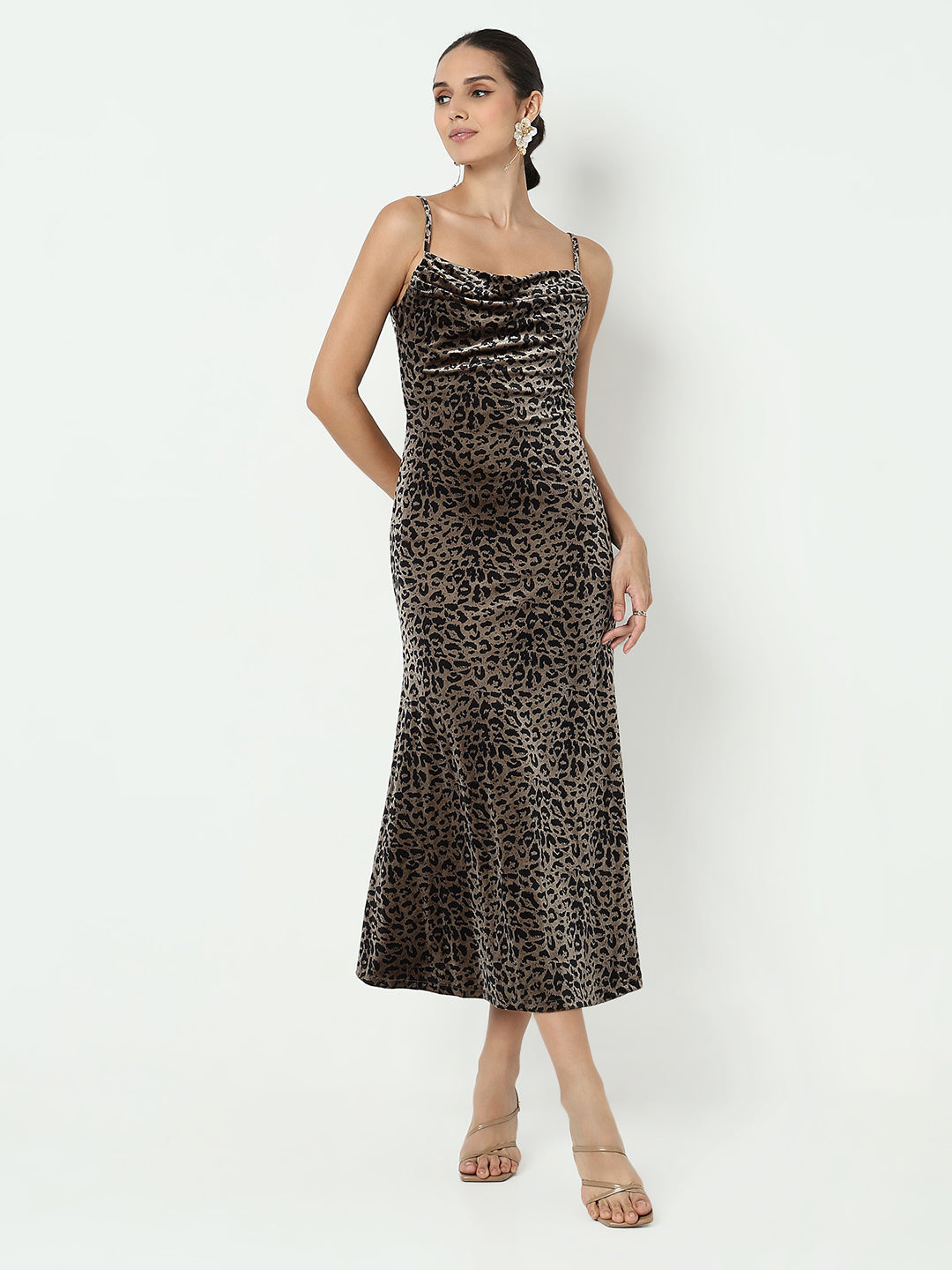 Women's Animal Print Brown Velvet Bodycon Maxi Dress with Back Slit