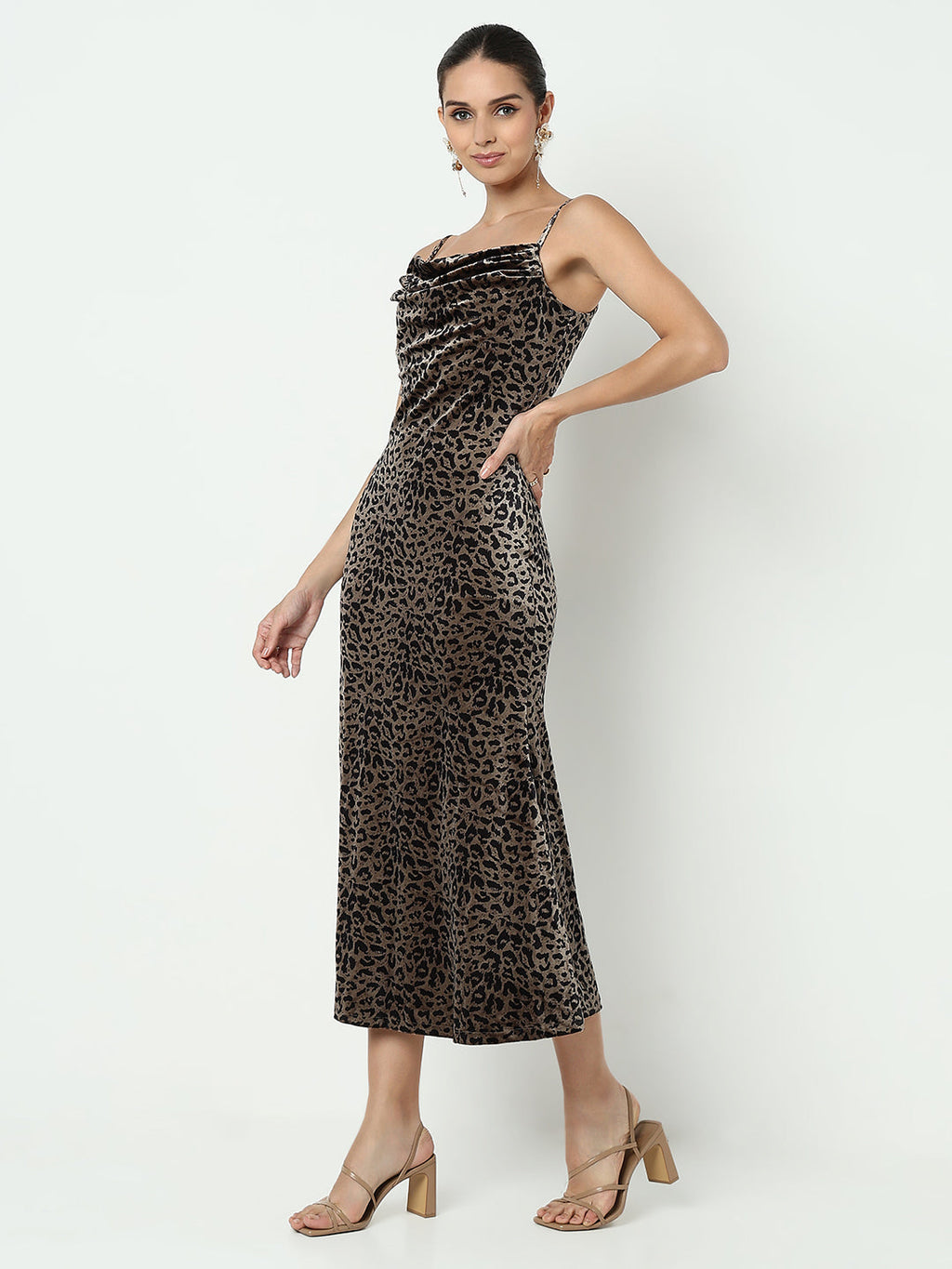 Women's Animal Print Brown Velvet Bodycon Maxi Dress with Back Slit