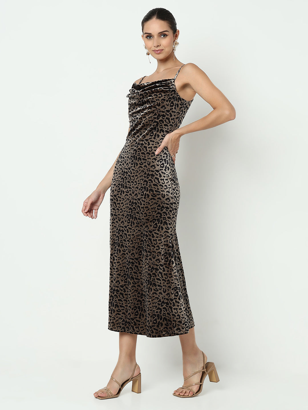 Women's Animal Print Brown Velvet Bodycon Maxi Dress with Back Slit
