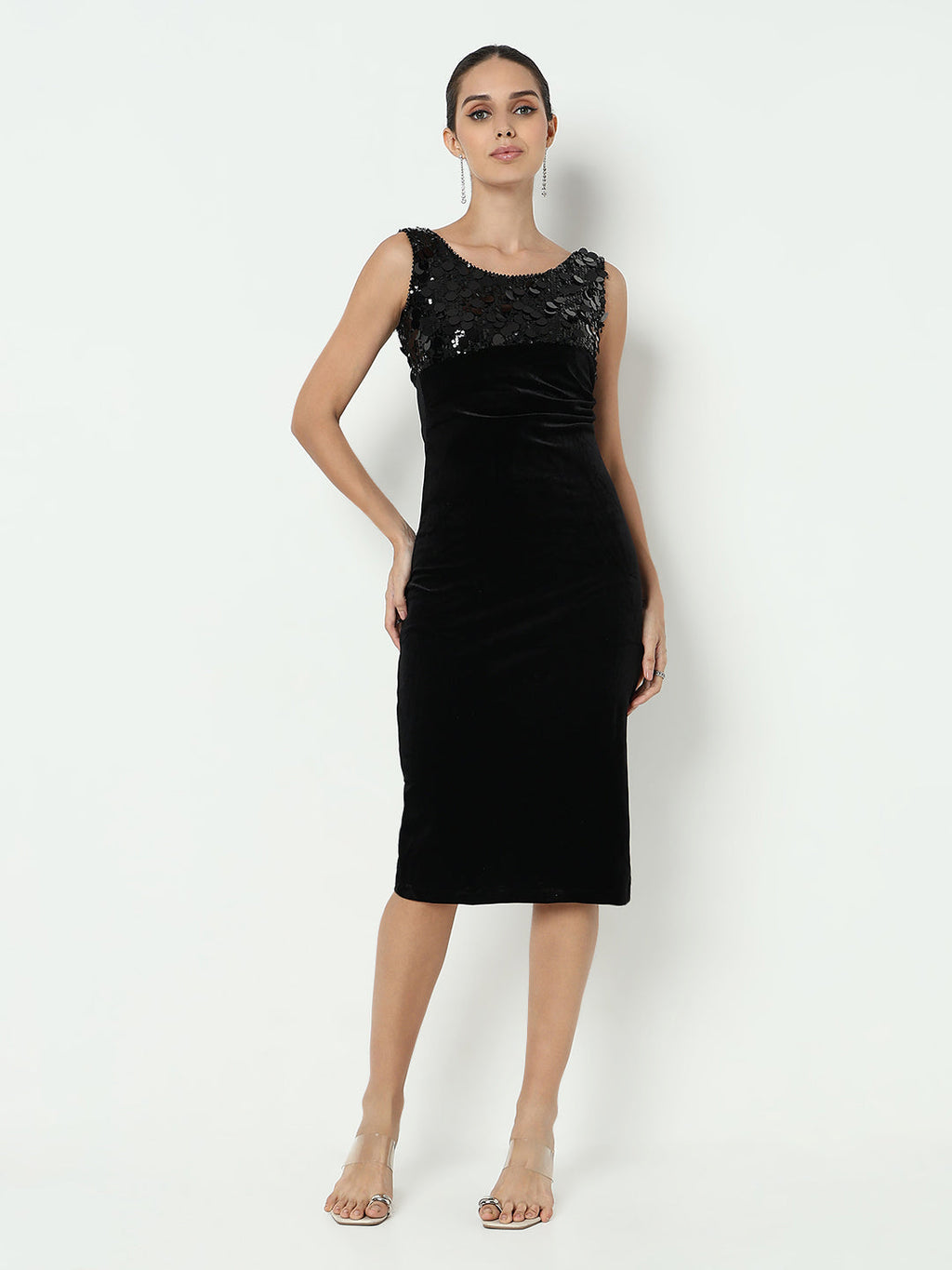 Women's Sequined Black Velvet Bodycon Dress with Back Slit