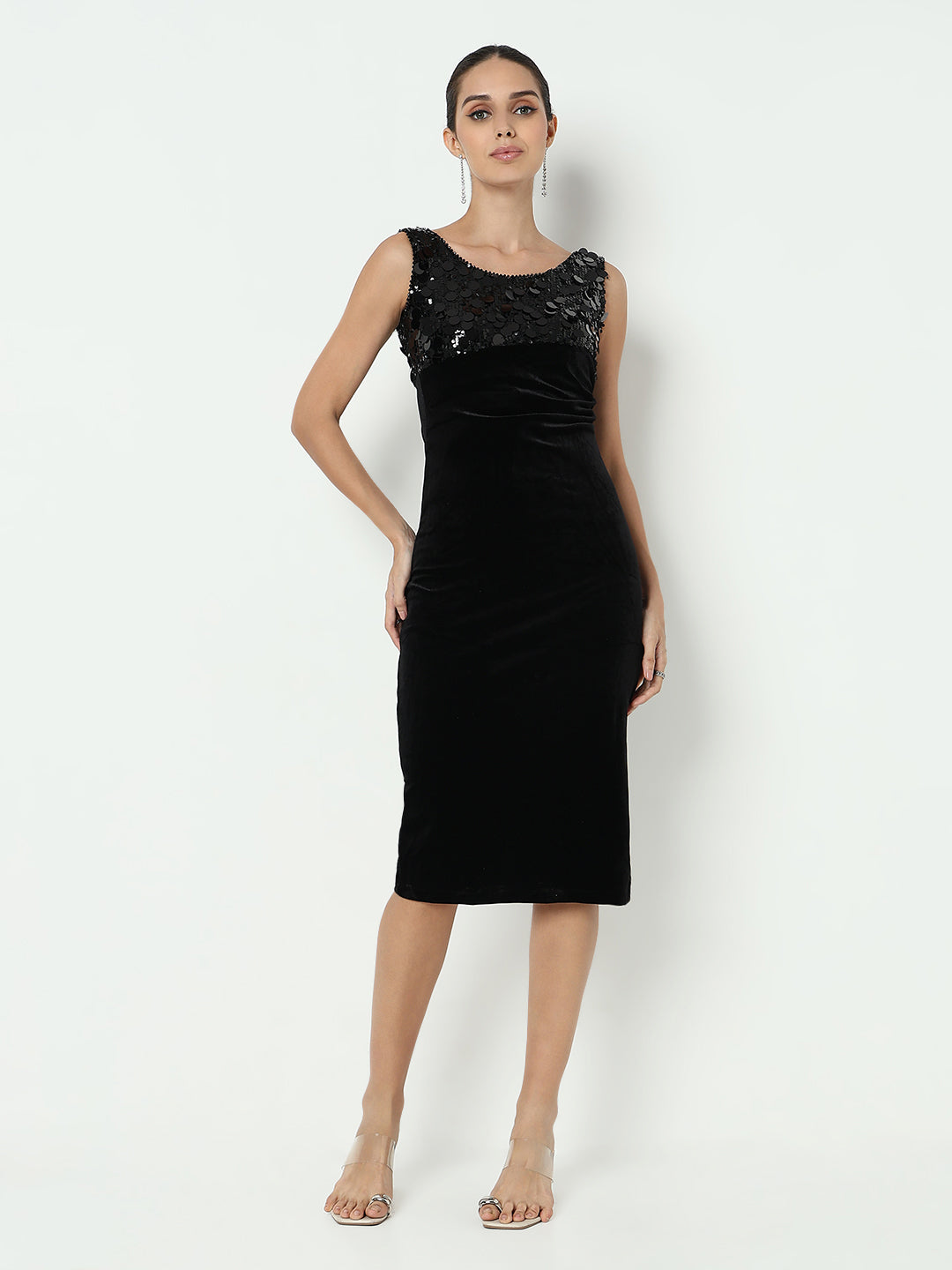 Women's Sequined Black Velvet Bodycon Dress with Back Slit