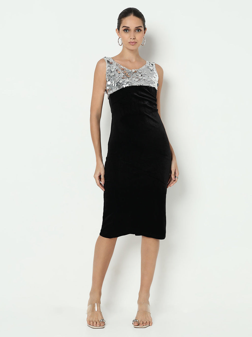 Women's Sequined Silver Velvet Bodycon Dress with Back Slit