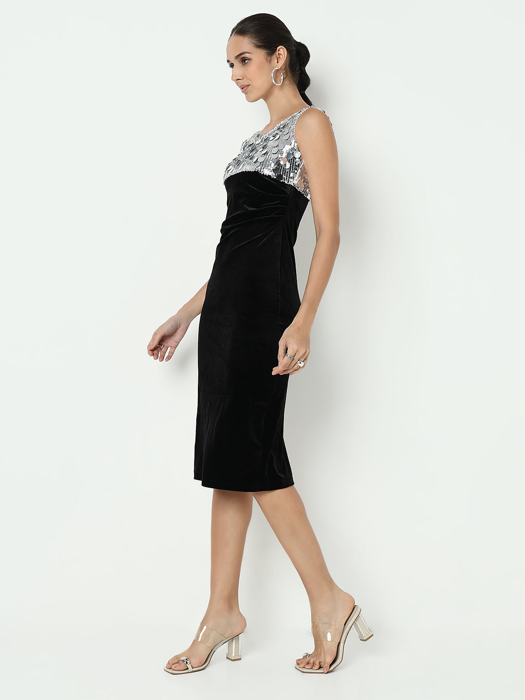 Women's Sequined Silver Velvet Bodycon Dress with Back Slit