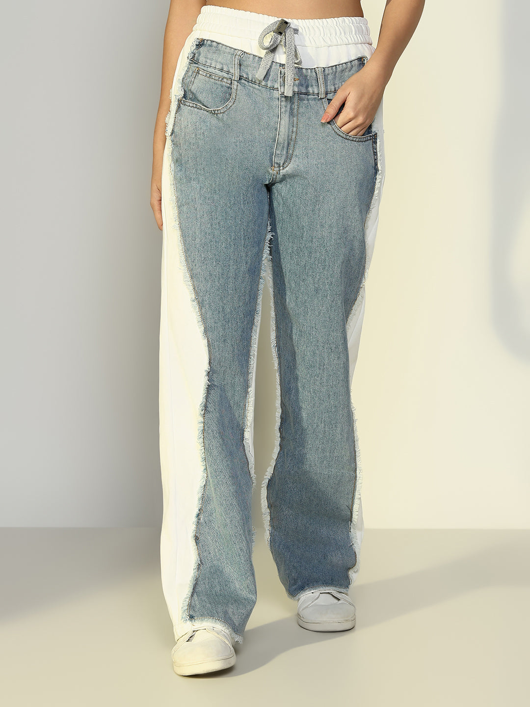 Women's White Jogger Style Jeans with Denim Patches