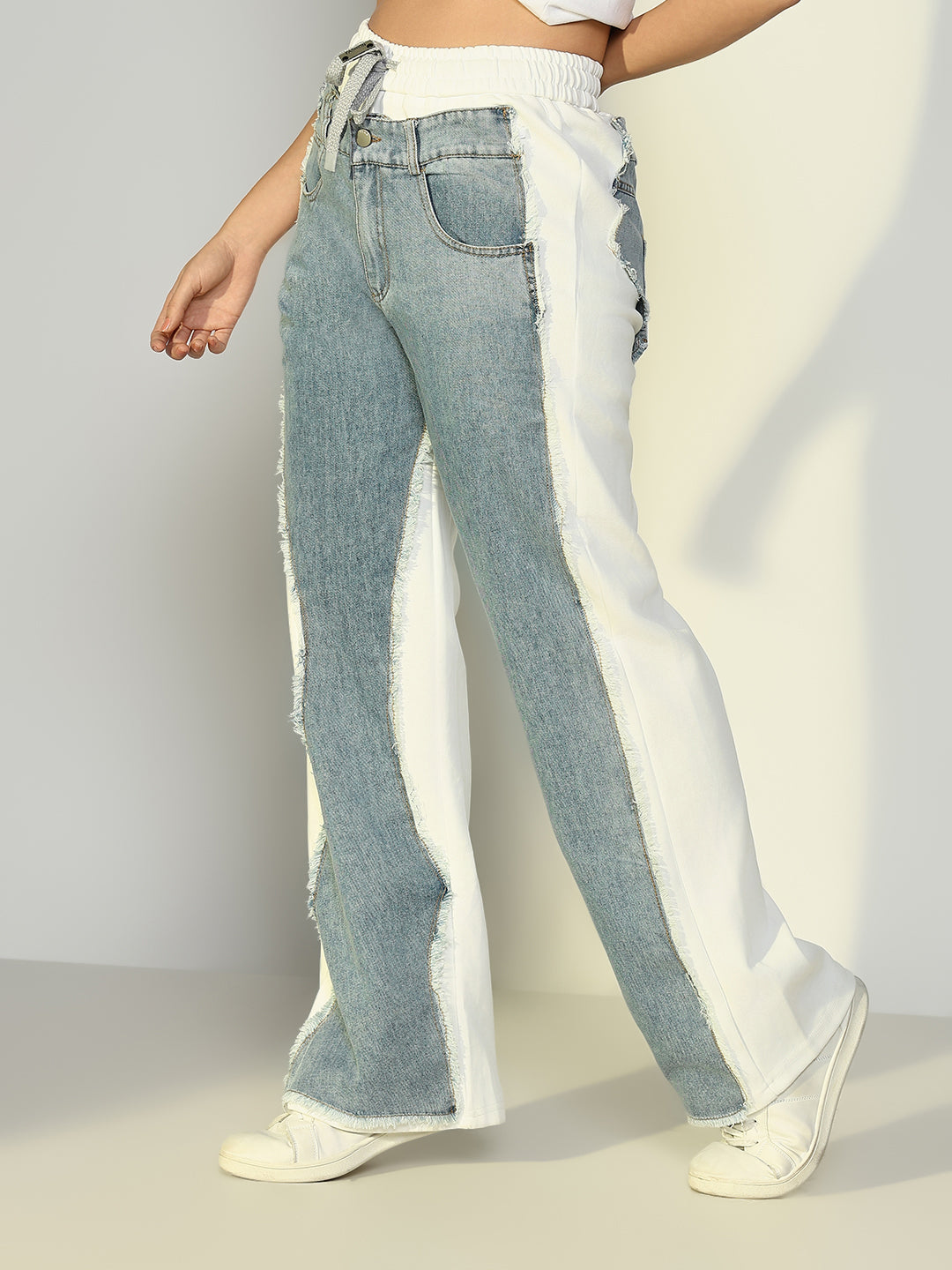 Women's White Jogger Style Jeans with Denim Patches