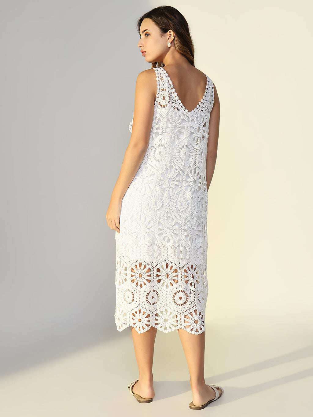 Women's Crochet White Cut Out V-Neck Midi Dress